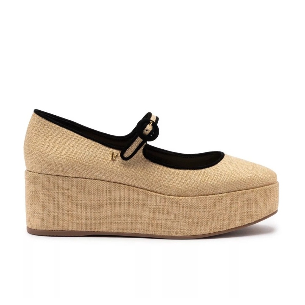 Larroude Blair‎ Mary Jane Flatform Wedge Raffia Tan Black Size 10 Heels